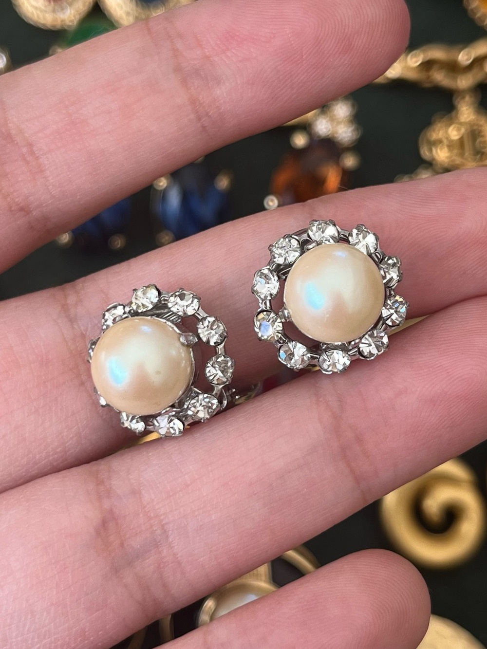 Authentic Vintage Dior 1960 Round Pearl Rhinestone Silver-Tone Clip-On Earrings